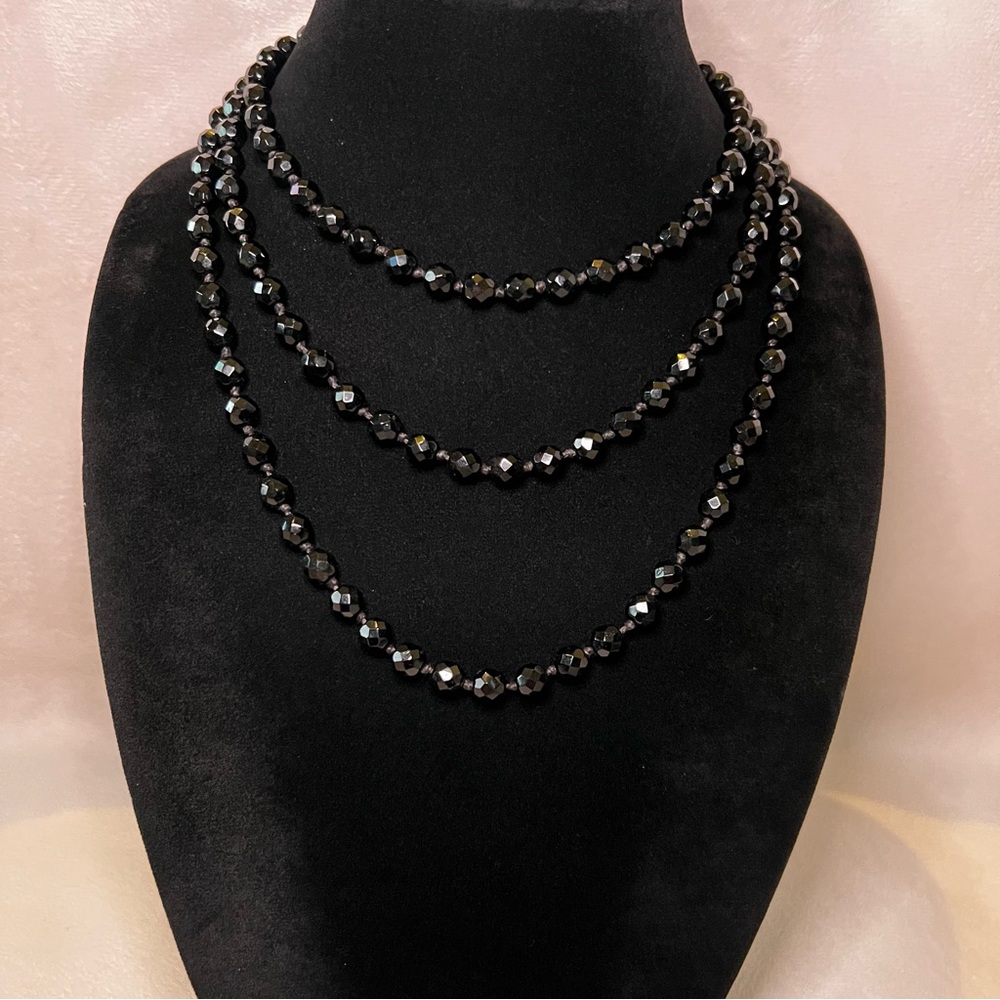 Vintage Made In Austria Black Faceted Glass Bead Necklace